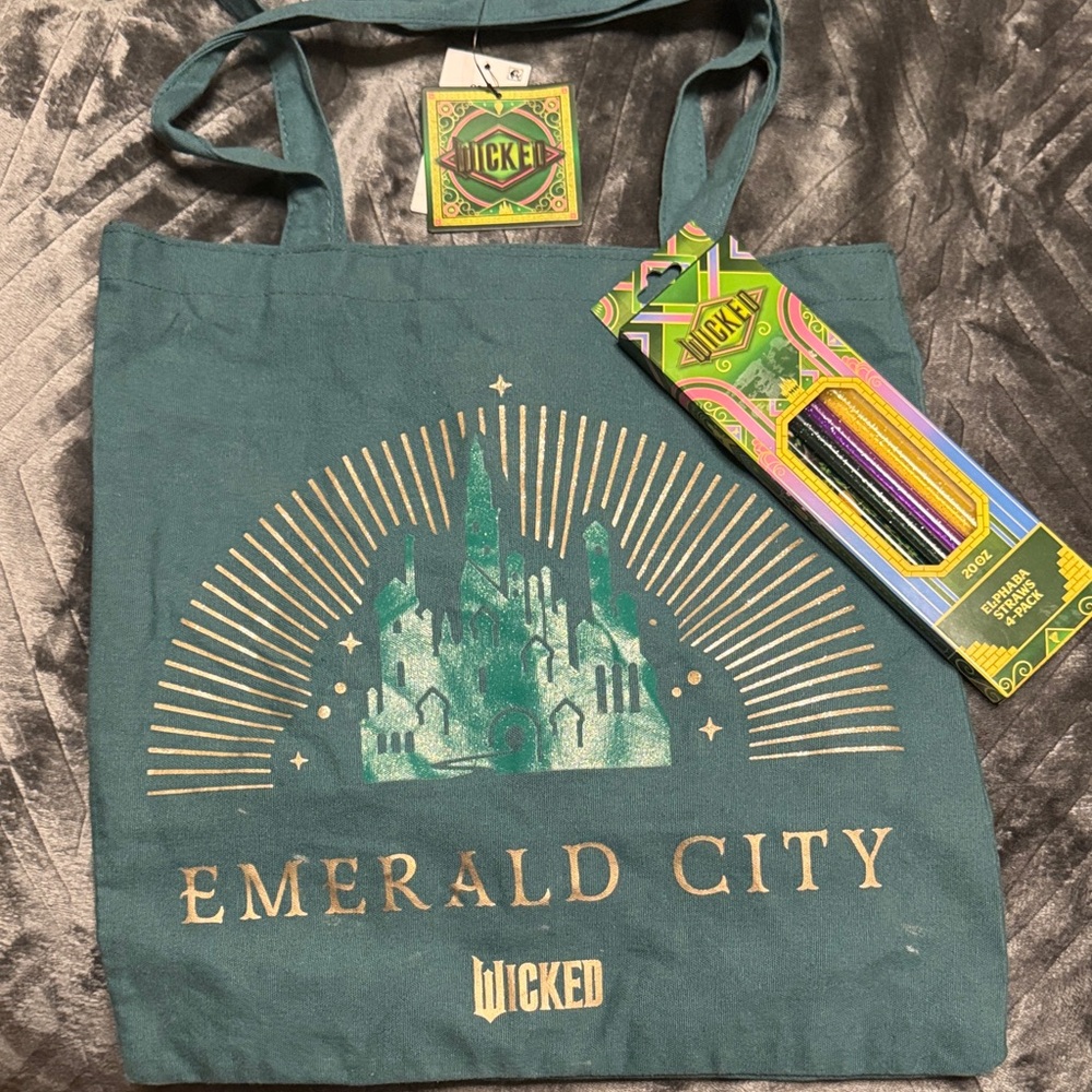 WICKED Emerald City Green and Gold Canvas Tote and Straw bundle